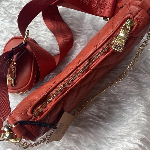 Brand New Steve Madden Quilted Stitch Orange Zip Crossbody Purse Gold Tone Chain - Picture 6 of 15